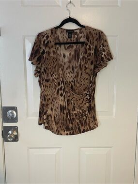 Rafaella Brown Leopard-Print Faux Wrap Blouse